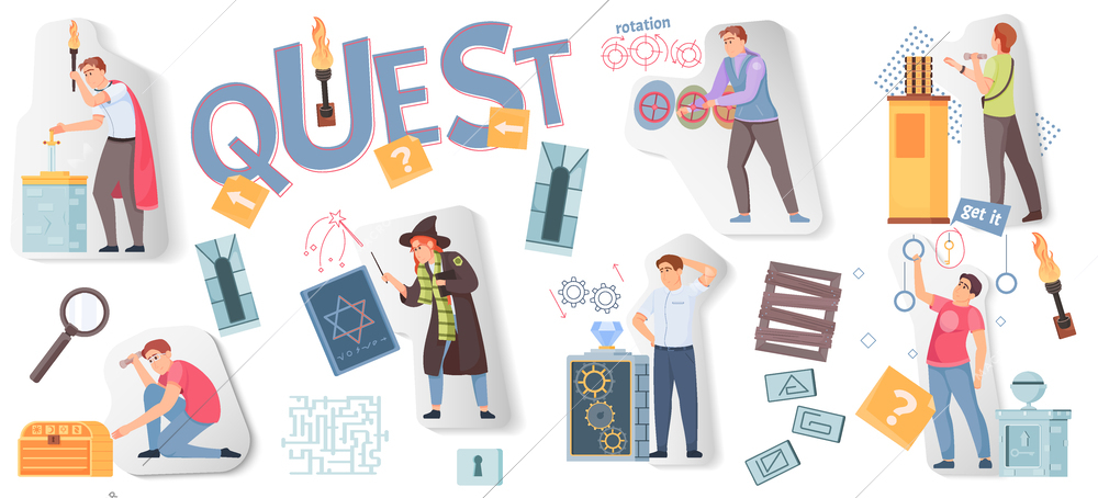 Quest escape game flat collage icon set different elements of quest rooms and visitors vector illustration