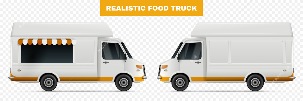 Blank food truck mockup realistic set with vehicle side views isolated on transparent background vector illustration