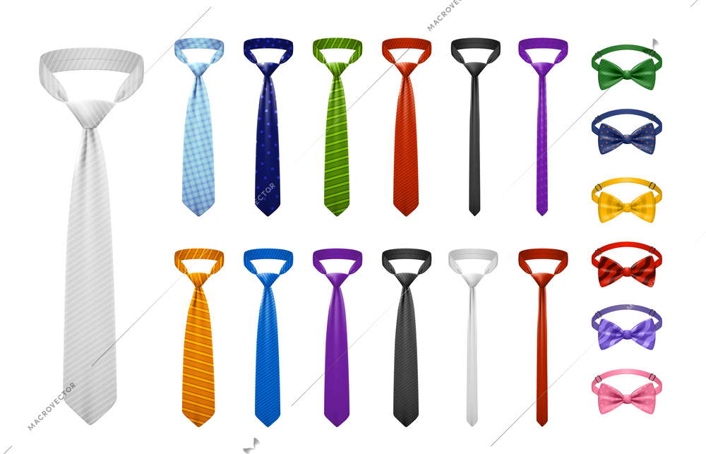 Realistic set of neckties and bow ties of different style and color isolated vector illustration