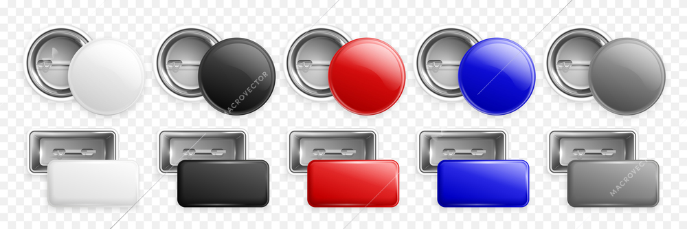 Glossy round and rectangular pin badges of different colors front and back views realistic set isolated on transparent background vector illustration
