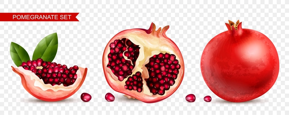 Pomegranate realistic transparent set with healthy fruit symbols isolated vector illustration