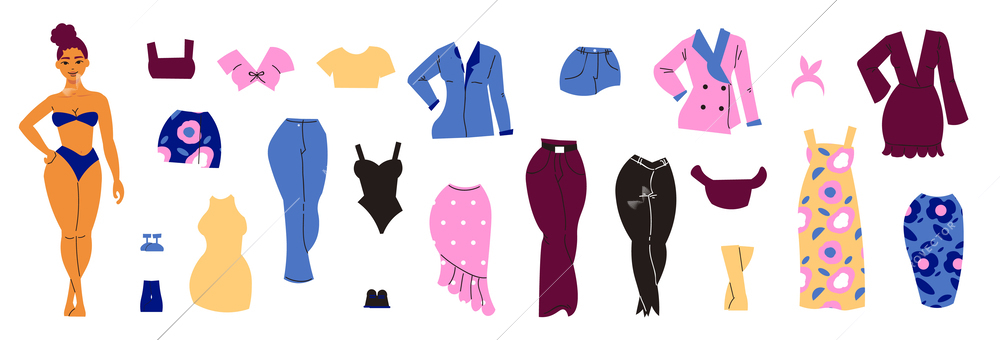Paper doll set with pretty clothes flat isolated vector illustration