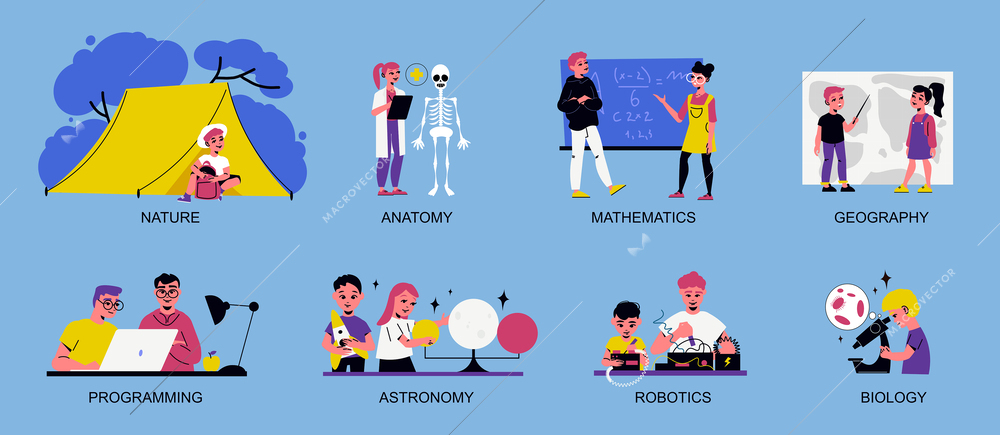 Stem camp children compositions set with astronomy and biology symbols flat isolated vector illustration