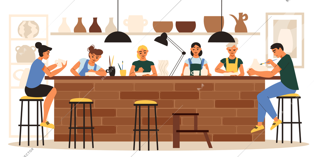Pottery studio background with workshop and handwork symbols flat vector illustration