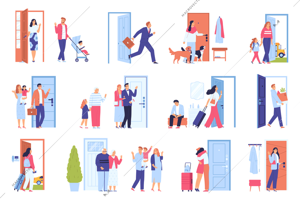 Flat set of people leaving home waving and saying goodbye to family members isolated vector illustration
