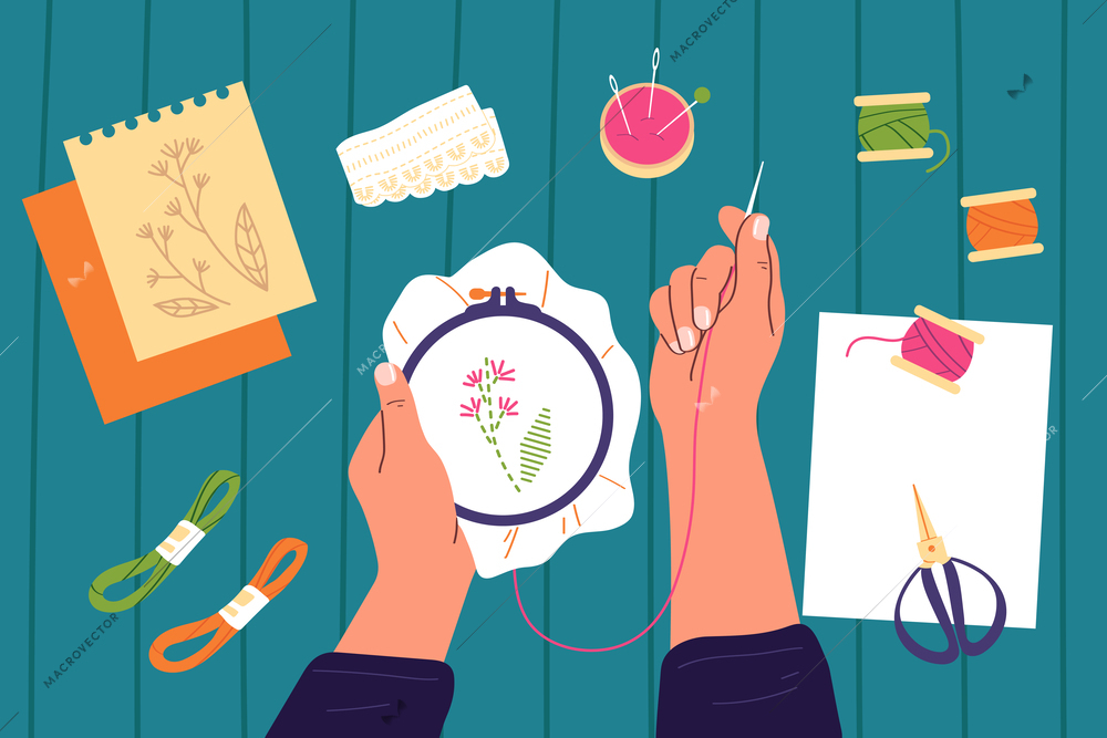 Craft hobby flat background with human hands doing embroidery and various tools for sewing top view vector illustration