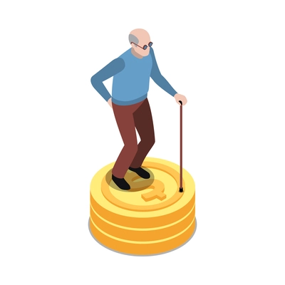 Social security isometric icon with senior man with walking cane and stack of coins 3d vector illustration