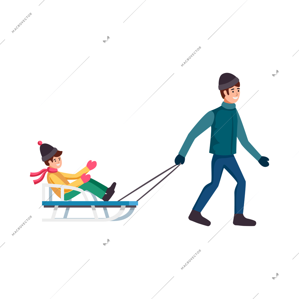 Man walking with child in sleigh flat vector illustration