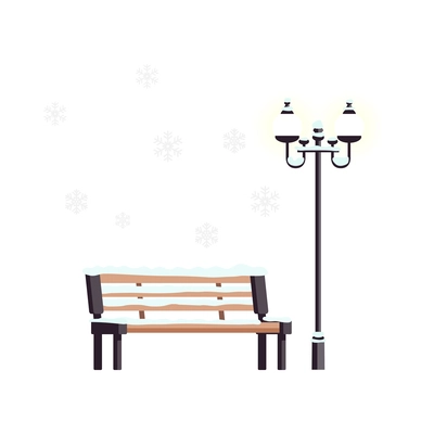 Winter city park flat elements with bench and lamppost covered with snow vector illustration