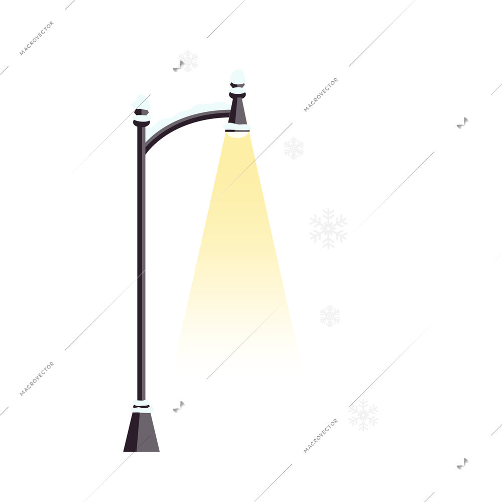 Lamppost covered with snow and falling snowflakes flat vector illustration