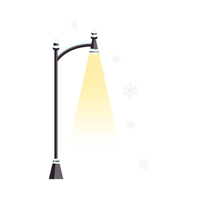 Lamppost covered with snow and falling snowflakes flat vector illustration