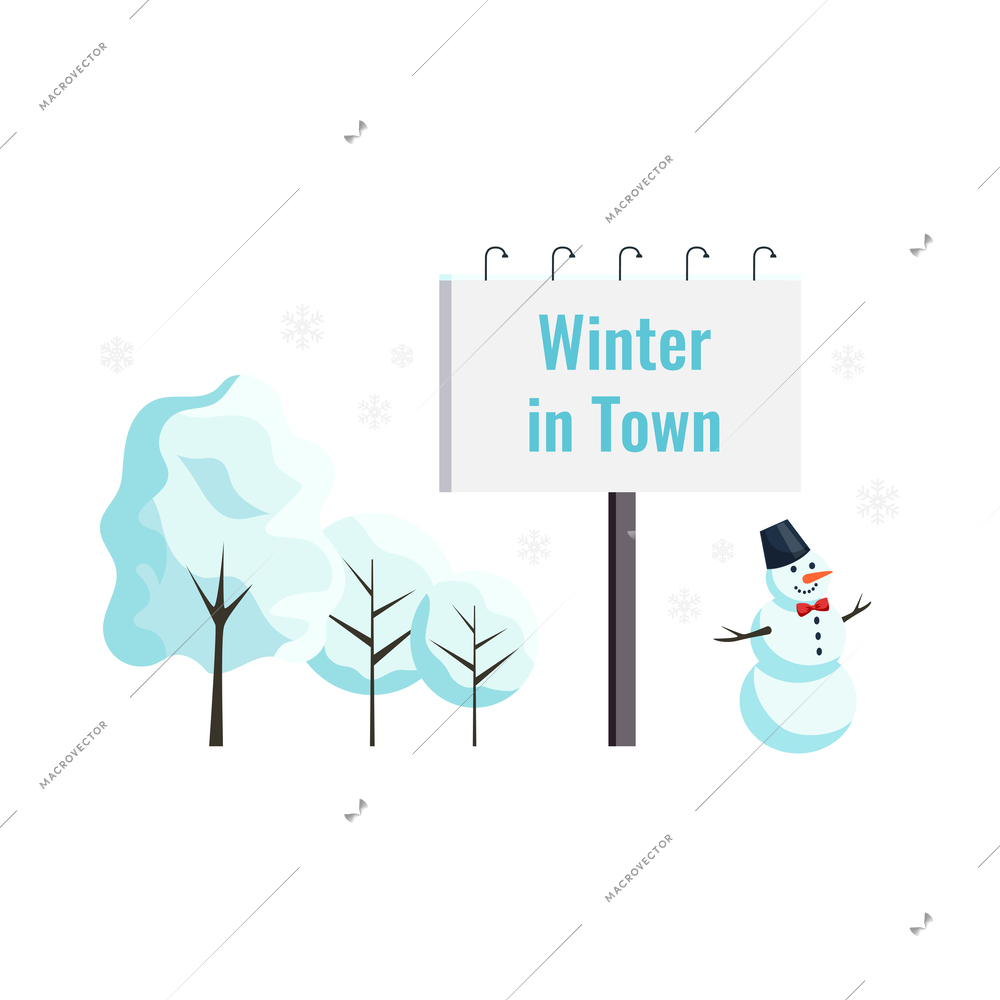 Winter city flat elements with billboard snowman and trees covered with snow vector illustration