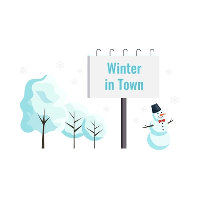 Winter city flat elements with billboard snowman and trees covered with snow vector illustration