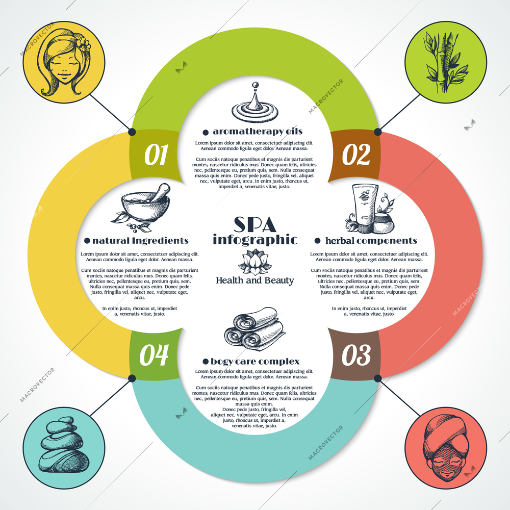 Spa health and beauty infographic set with aromatherapy natural herbal body care symbols vector illustration