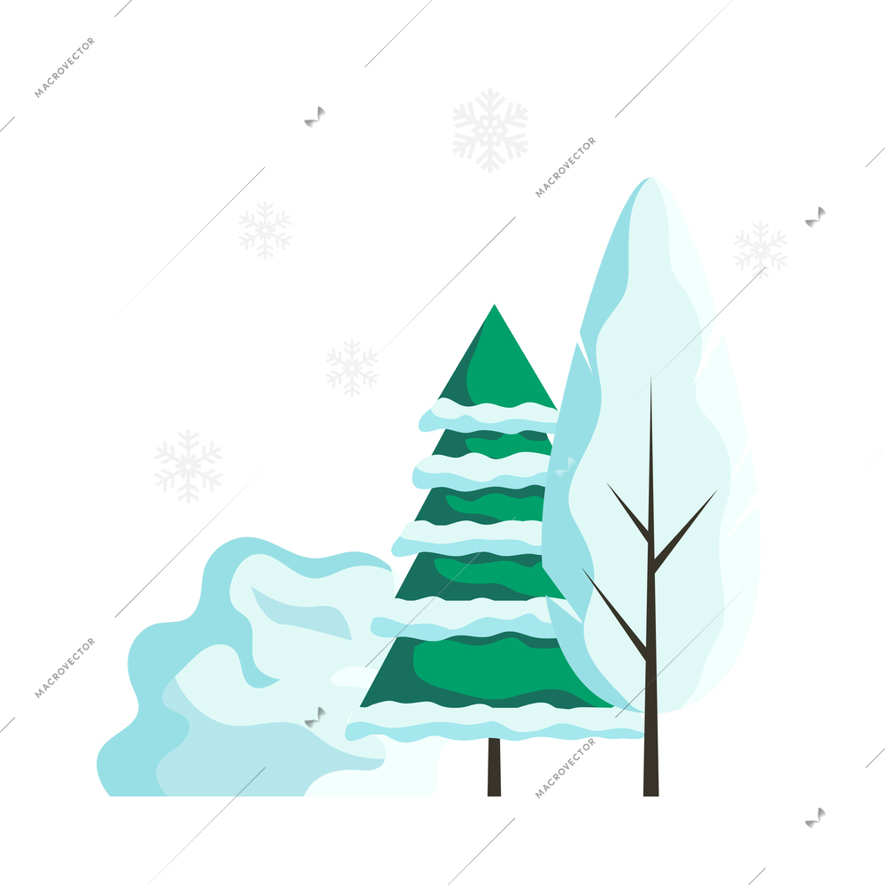 Winter forest trees covered with snow flat vector illustration