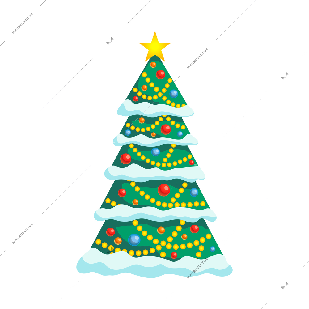 Beautifully decorated christmas tree with golden star covered with snow flat vector illustration