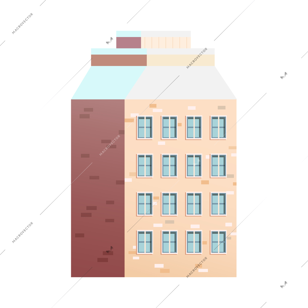 Winter urban landscape icon with flat residential building with roof covered with snow vector illustration
