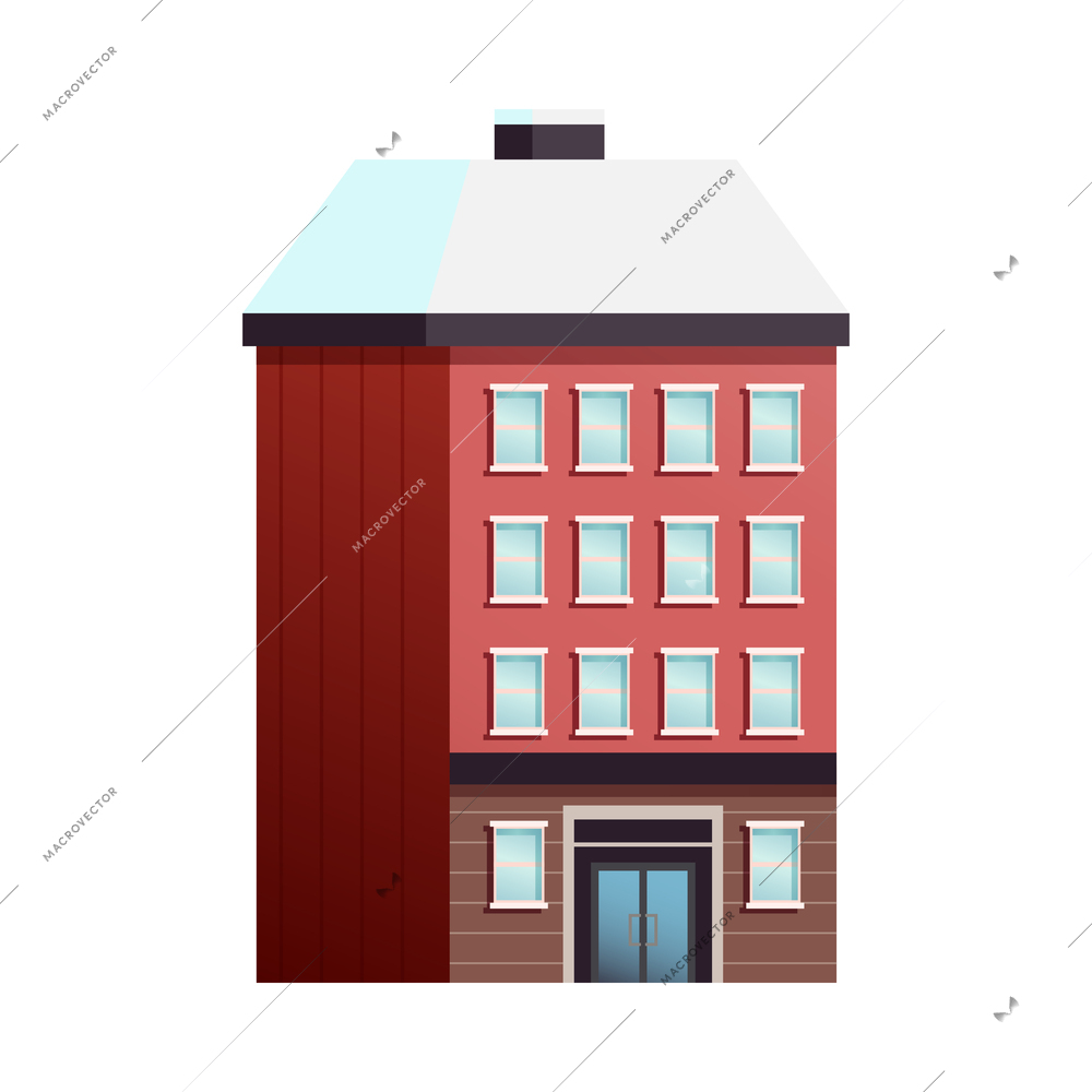 Winter city building with roof covered with snow flat vector illustration