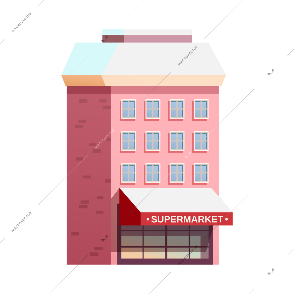 Winter urban landscape building with supermarket and snow on roof flat vector illustration