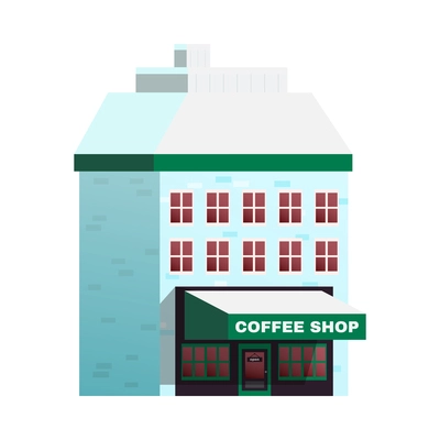 Flat winter city building with coffee shop and snow on roof vector illustration