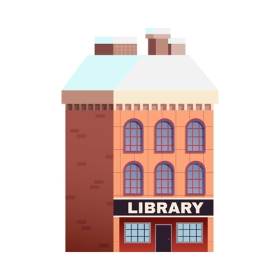 Winter city brick building with library and snow on roof flat vector illustration