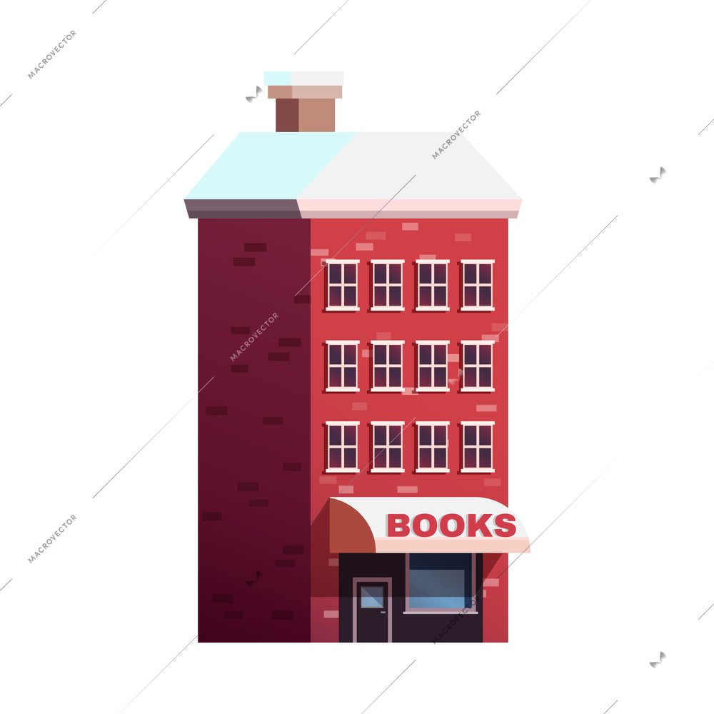 Winter city brick building with book shop and snow on roof flat vector illustration