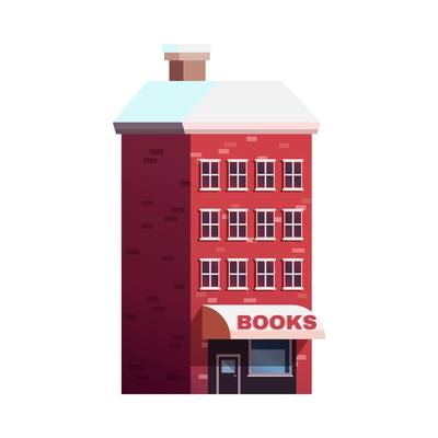 Winter city brick building with book shop and snow on roof flat vector illustration