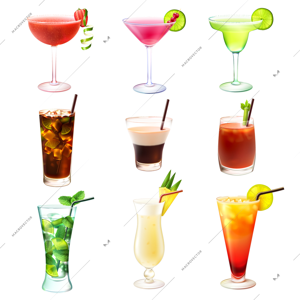 Cocktail realistic decorative icons set with  margarita mojito bloody mary isolated vector illustration