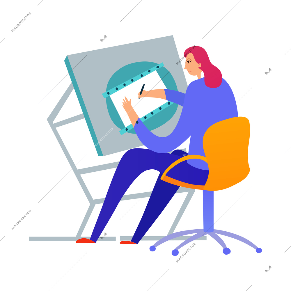 Creative profession flat icon with female graphic designer at her workplace vector illustration