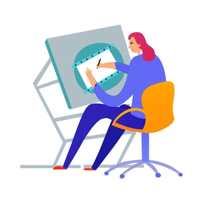 Creative profession flat icon with female graphic designer at her workplace vector illustration