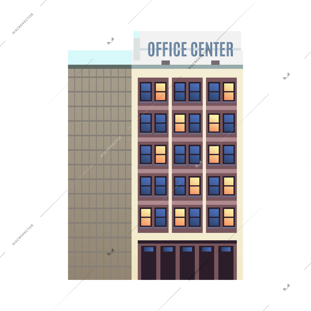 Winter city office center building with snow on roof flat vector illustration
