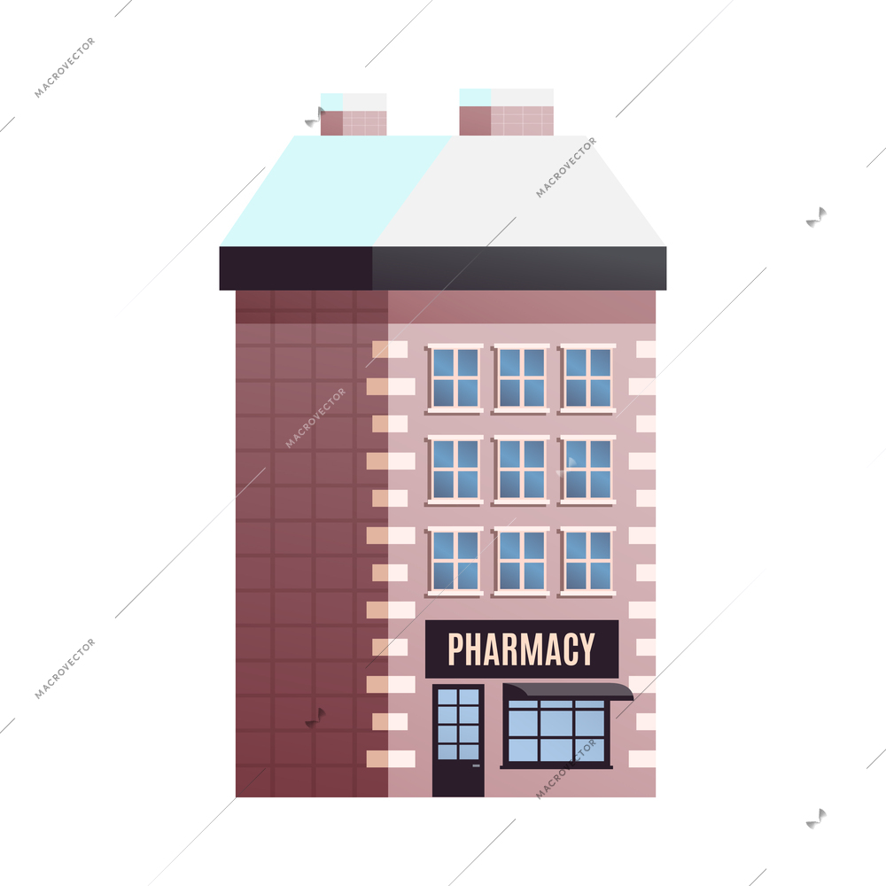 Winter city building with pharmacy and snow on roof flat vector illustration