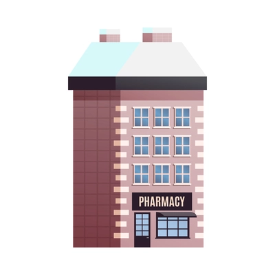 Winter city building with pharmacy and snow on roof flat vector illustration