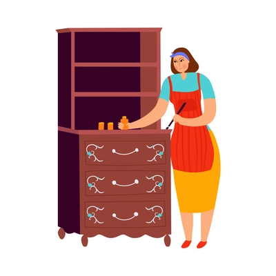 Female art restorer working on chest of drawers flat vector illustration