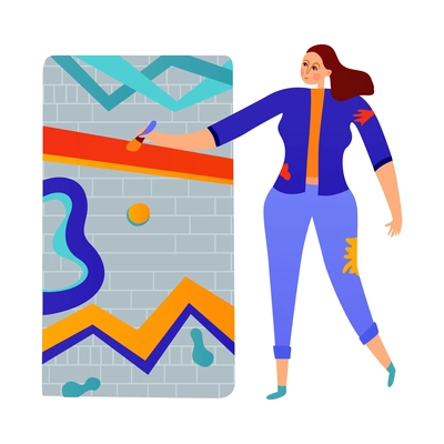 Female graffiti artist painting on wall with brush flat vector illustration