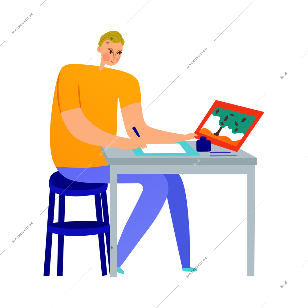 Male artist painting picture flat vector illustration