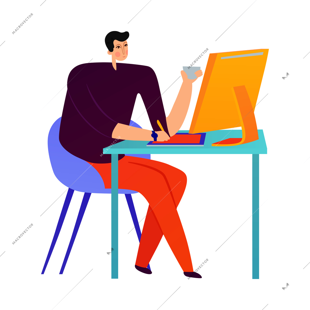Male graphic designer working on computer with cup of coffee flat vector illustration