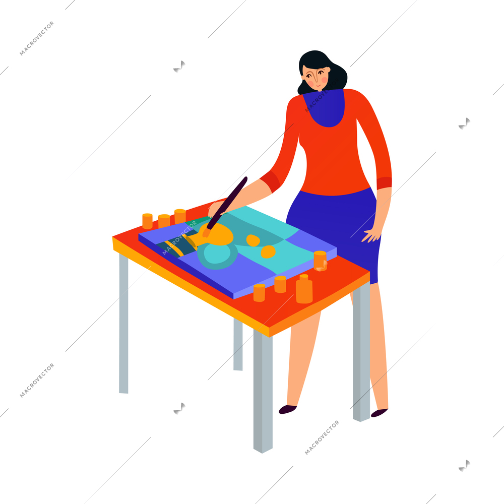 Female artist painting picture on canvas flat vector illustration