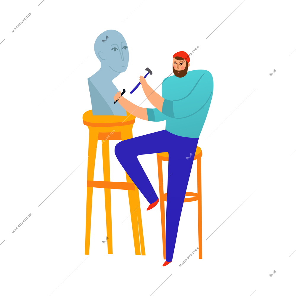 Bearded male sculptor working on portrait scultpure flat vector illustration