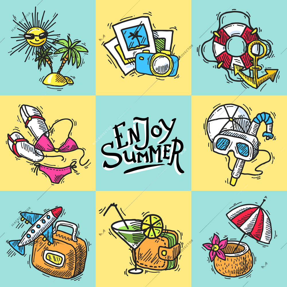 Vacation sketch decorative icons set with island photo camera lifesaver isolated vector illustration