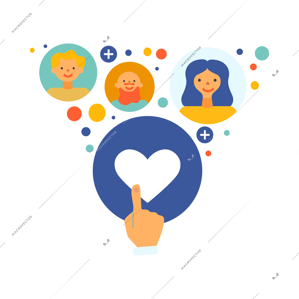 Social media flat concept with people avatars and hand clicking like button vector illustration
