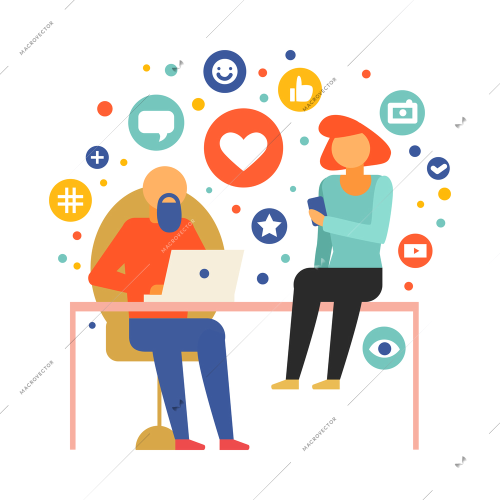 People using social media on laptop and smartphone flat concept vector illustration