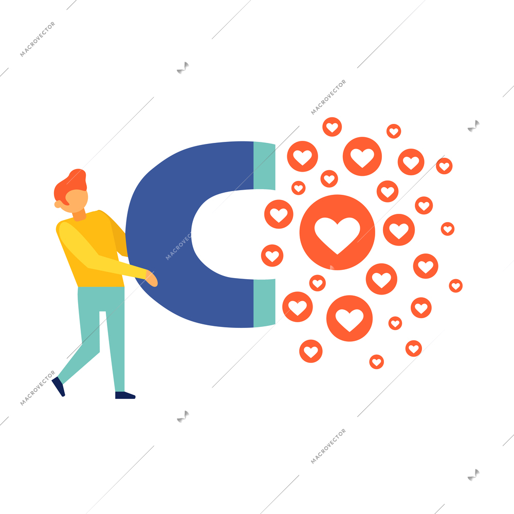 Social media marketing flat concept with man attracting likes with magnet vector illustration