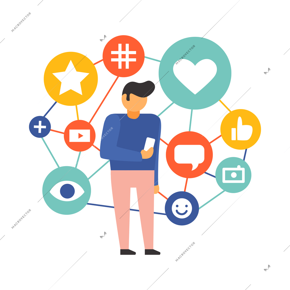 Flat concept of social media online communication with man using smartphone vector illustration