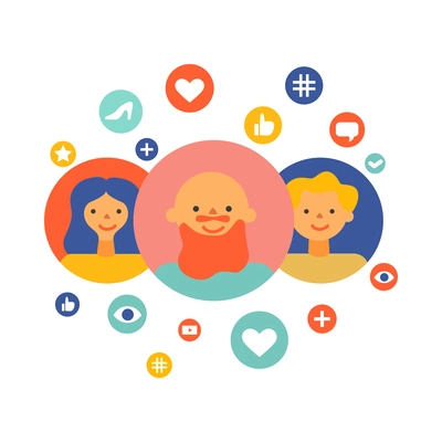 Social media flat concept with avatars and symbols vector illustration