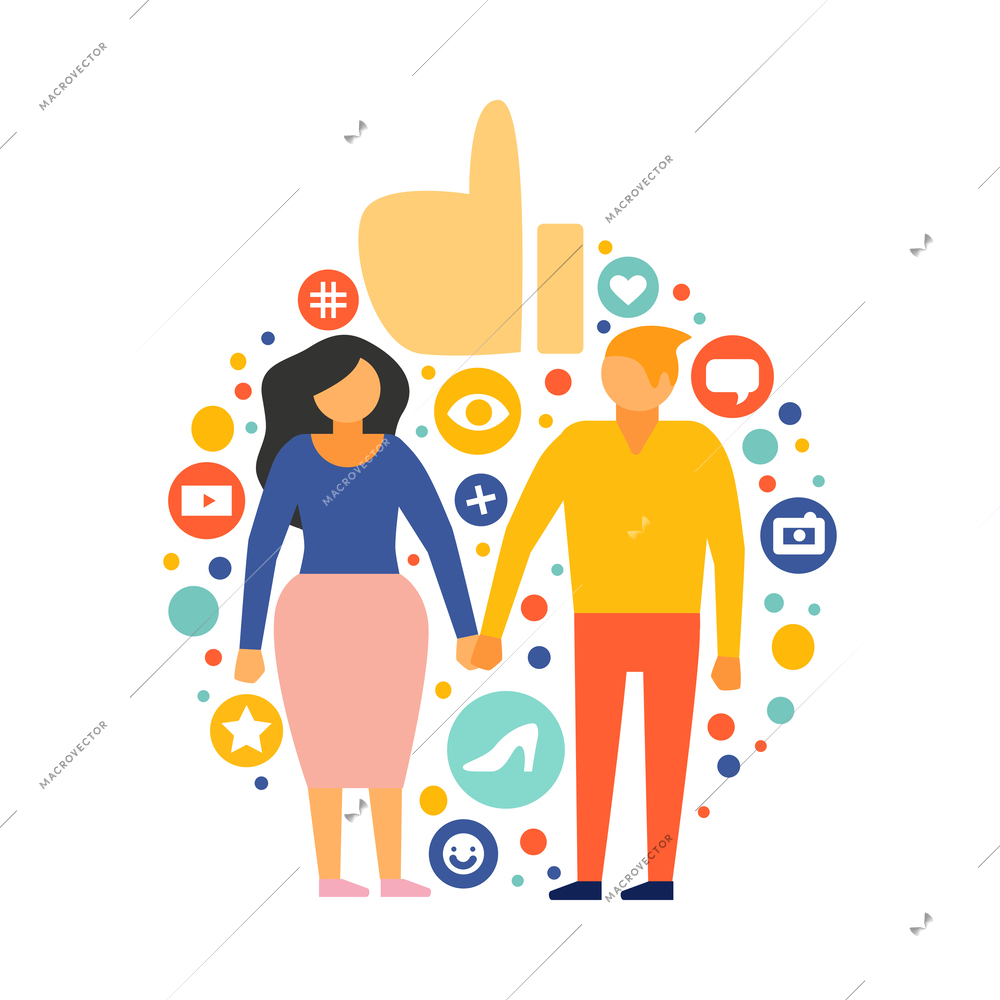 Social media flat concept with characters of users and symbols vector illustration