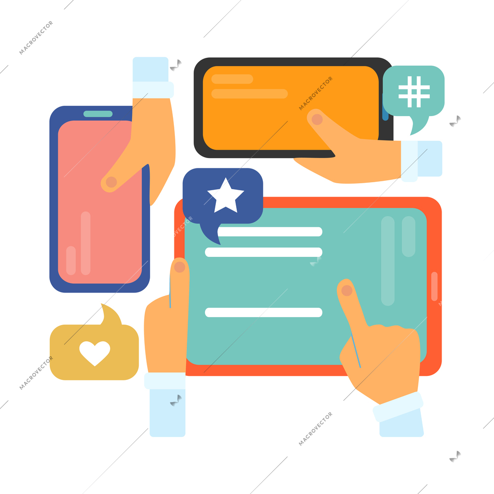 Social media flat concept with human hands chatting on electronic devices vector illustration