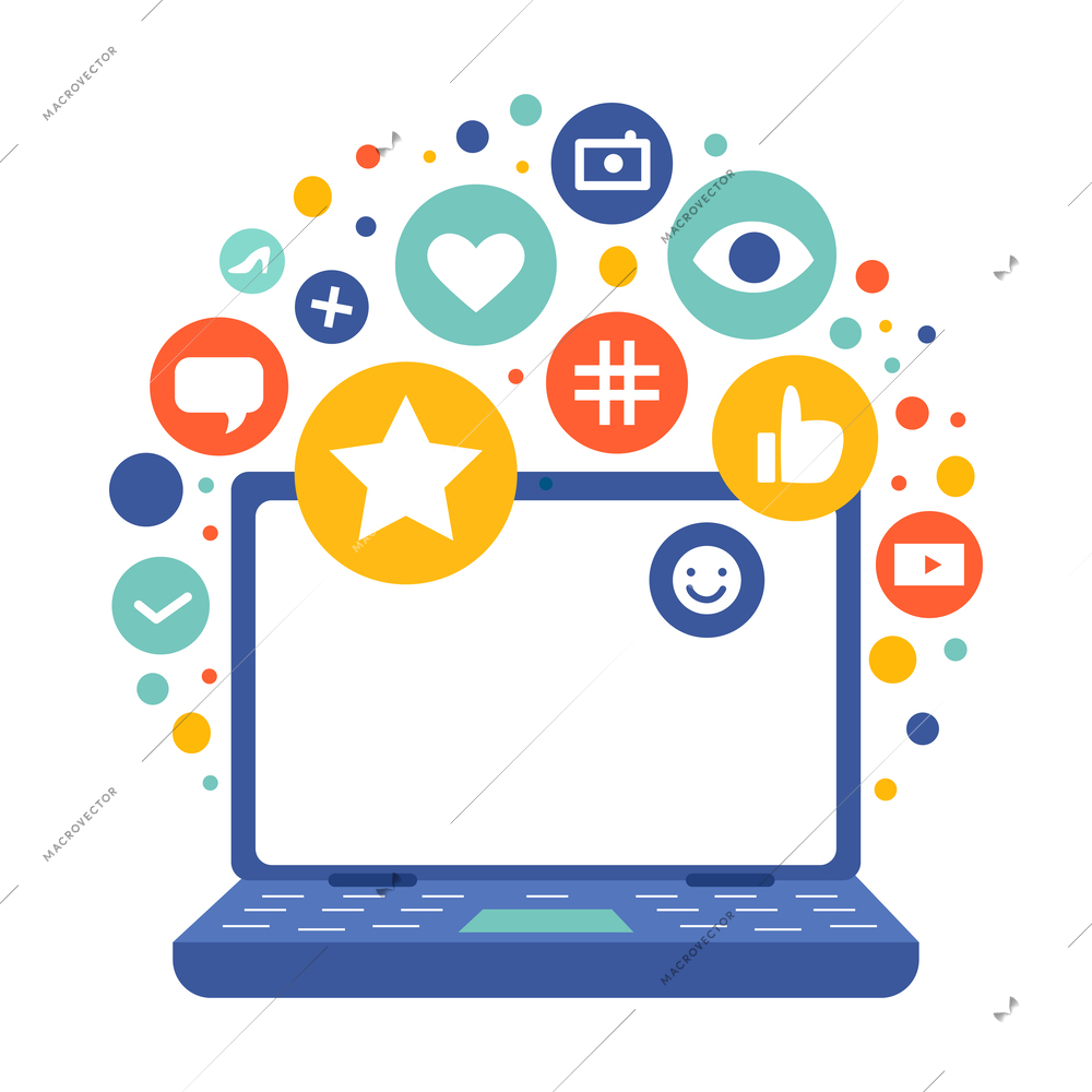 Social media concept with laptop and flat symbols vector illustration