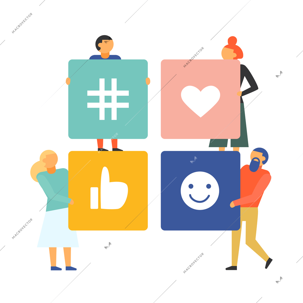 People holding social media symbols flat concept vector illustration