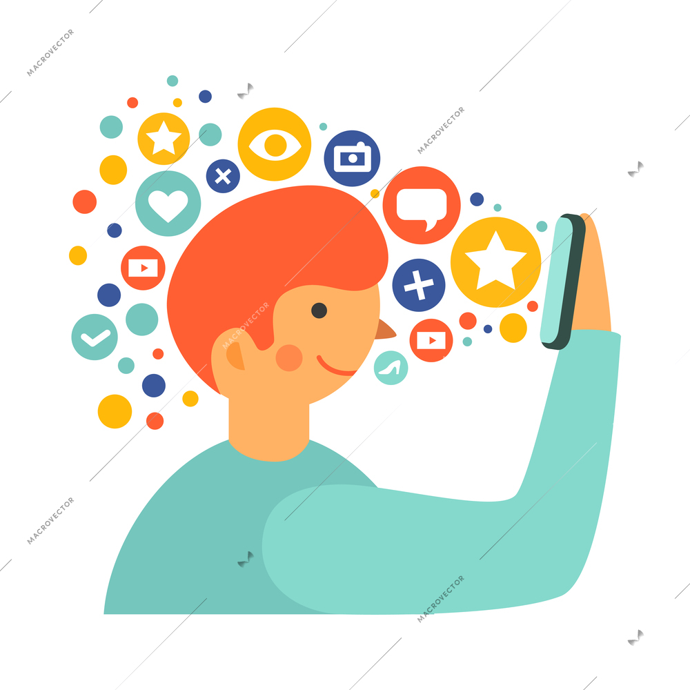 Social media flat concept with communication symbols and man using smartphone vector illustration